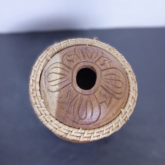 Vintage Indonesian Natural Carved Wood and Rattan Basket Tissue Dispenser - Picture 2 of 8